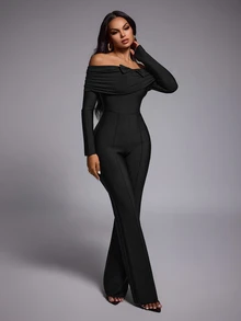 Nuvra Mature Women Pleated Off-Shoulder Bow Slim Fit Jumpsuit - Black - View 6