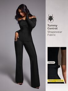 Nuvra Mature Women Pleated Off-Shoulder Bow Slim Fit Jumpsuit - Black - View 3