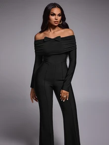Nuvra Mature Women Pleated Off-Shoulder Bow Slim Fit Jumpsuit - Black - View 4
