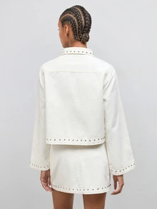 Maija Damset med långärmad enkelknäppt jacka och minikjort i casual denim, 2 delar, med nitdekor, mode för höst och vinter, festoutfit - Vitt - Visa 2