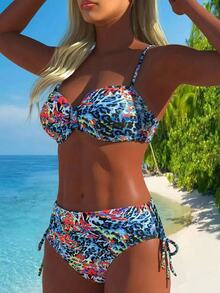 Swim Lushoire Sexy Leopard Print Spaghetti Strap Ruched Bikini Set, Summer Vacation - Multicolor - View 3