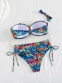 Swim Lushoire Sexy Leopard Print Spaghetti Strap Ruched Bikini Set, Summer Vacation - Multicolor - View 5