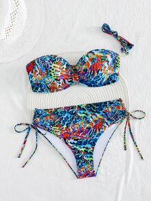 Swim Lushoire Sexy Leopard Print Spaghetti Strap Ruched Bikini Set, Summer Vacation - Multicolor - View 4
