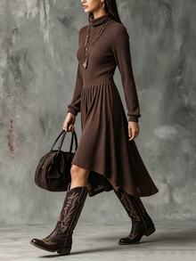 Linhara CURVE Plus Size Autumn/Winter Casual Solid Color Turtleneck Dress - Brown - View 6