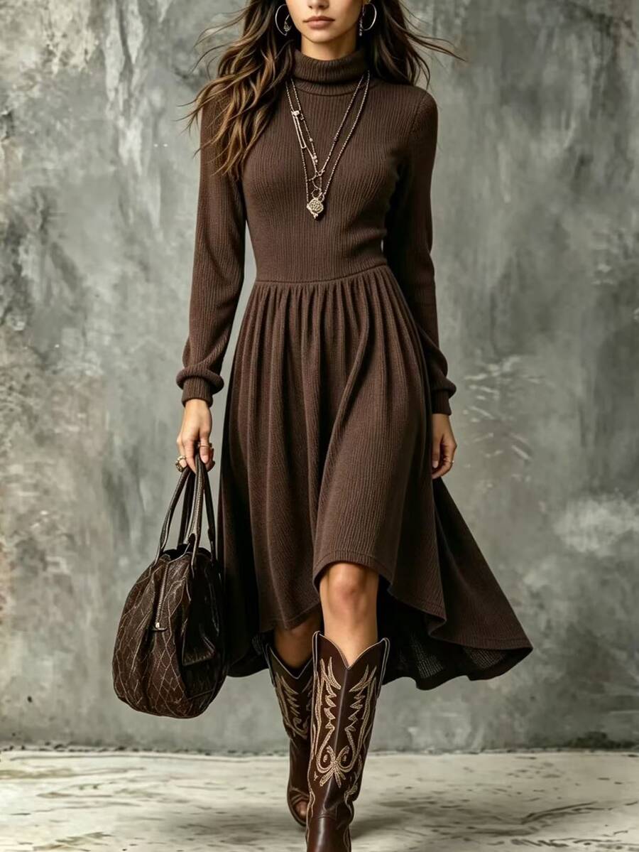 Linhara CURVE Plus Size Autumn/Winter Casual Solid Color Turtleneck Dress - Brown - View 1