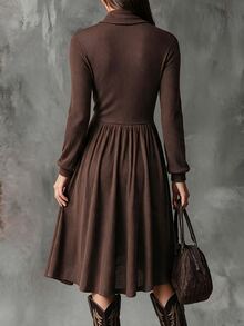 Linhara CURVE Plus Size Autumn/Winter Casual Solid Color Turtleneck Dress - Brown - View 2