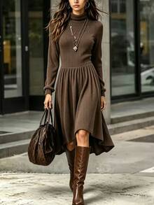 Linhara CURVE Plus Size Autumn/Winter Casual Solid Color Turtleneck Dress - Brown - View 3