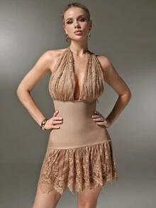 Nuvra Bandage Contrast Lace Fashion Scarf Sexy Neckline Mini Dress For Women - Coffee - View 4
