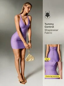 Nuvra Summer Pearlescent Glossy Halter Neck Waist-Cinching Bodycon Mini Skirt - Mauve Purple - View 1