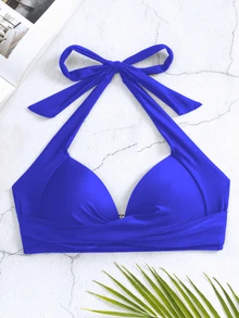 SHEIN Swim 夏日沙灘純色頸掛比基尼上衣 - 寶藍色 - 查看 4