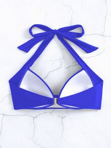 SHEIN Swim 夏日沙灘純色頸掛比基尼上衣 - 寶藍色 - 查看 3