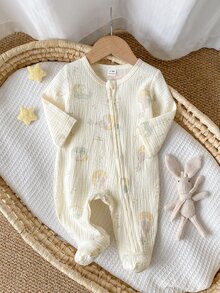 新生兒雙層編織紗布連身衣附腳套，可愛女嬰動物滿版印花，家庭配色米色，秋冬款 - 杏色 - 查看 8
