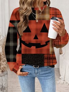 SHEIN LUNE Women's Plaid Pumpkin Face Halloween Pattern Sweatshirt, Suitable For Autumn/Winter - White - View 8