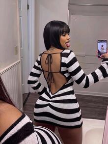Bumpella Halter Neck Backless Criss-Cross Tie Sleeveless Distressed Sexy Tight Bodycon Ruched Knit Jumpsuit - Black and White - View 12