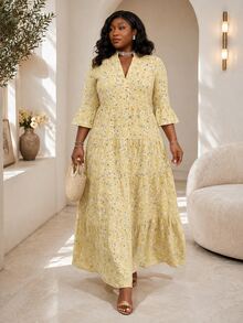 CurvyTilda Ditsy Floral 3/4 Sleeve Patchwork Tiered Maxi Dress Plus Size Fall - Yellow - View 1