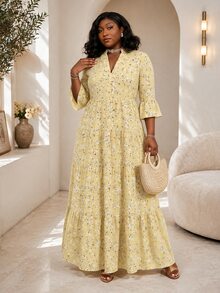 CurvyTilda Ditsy Floral 3/4 Sleeve Patchwork Tiered Maxi Dress Plus Size Fall - Yellow - View 4