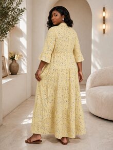 CurvyTilda Ditsy Floral 3/4 Sleeve Patchwork Tiered Maxi Dress Plus Size Fall - Yellow - View 2