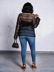 CurvyTilda 大码女式不对称肩部宽松休闲针织毛衣，镂空性感喇叭袖半透明黑色套头衫，适合春秋冬季穿着 - 黑色 - 查看 2