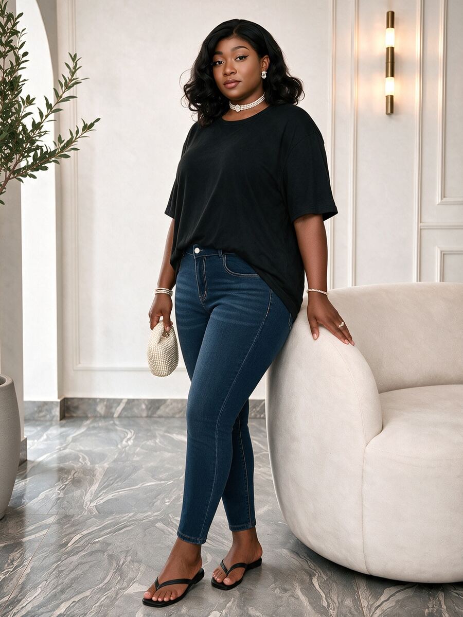 CurvyTilda 大码时尚猫须紧身牛仔裤，日常穿着 - 藍色 - 查看 1
