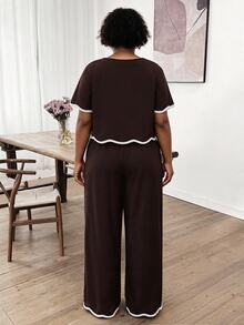 CurvyTilda Plus Size Contrast Trim Round Neck Short Sleeve Top And Wide Leg Pants Casual 2 Pieces Set Vacation Chocolate Brown Summer - Brown - View 3