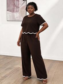 CurvyTilda Plus Size Contrast Trim Round Neck Short Sleeve Top And Wide Leg Pants Casual 2 Pieces Set Vacation Chocolate Brown Summer - Brown - View 2