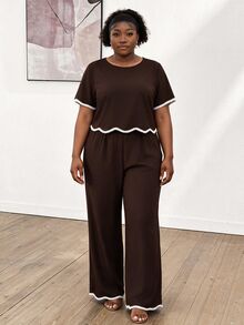CurvyTilda Plus Size Contrast Trim Round Neck Short Sleeve Top And Wide Leg Pants Casual 2 Pieces Set Vacation Chocolate Brown Summer - Brown - View 4