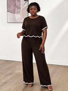 CurvyTilda Plus Size Contrast Trim Round Neck Short Sleeve Top And Wide Leg Pants Casual 2 Pieces Set Vacation Chocolate Brown Summer - Brown - View 5