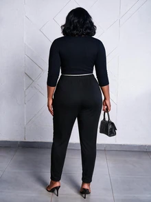 CurvyTilda Plus Size High-Waist Slanted Pocket Pants Fall - Black - View 3