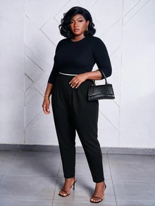 CurvyTilda Plus Size High-Waist Slanted Pocket Pants Fall - Black - View 5