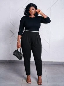 CurvyTilda Plus Size High-Waist Slanted Pocket Pants Fall - Black - View 2