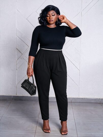 CurvyTilda Plus Size High-Waist Slanted Pocket Pants Fall