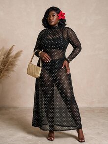 CurvyTilda Plus Size Women's Polka Dot Print Stand Collar Long Sleeve Elegant Dress Fall - Black - View 1