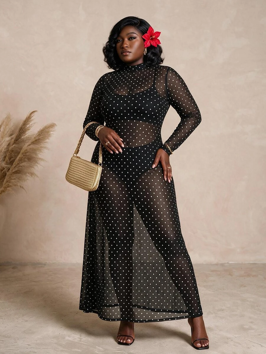 CurvyTilda Plus Size Women's Polka Dot Print Stand Collar Long Sleeve Elegant Dress Fall - Black - View 1