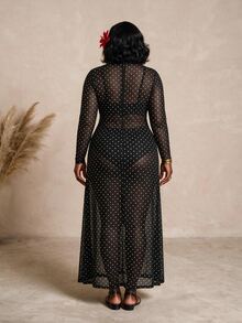 CurvyTilda Plus Size Women's Polka Dot Print Stand Collar Long Sleeve Elegant Dress Fall - Black - View 2