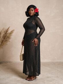 CurvyTilda Plus Size Women's Polka Dot Print Stand Collar Long Sleeve Elegant Dress Fall - Black - View 4