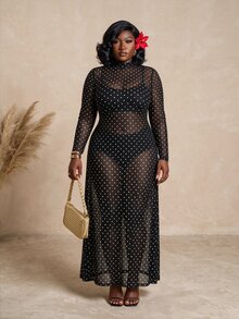 CurvyTilda Plus Size Women's Polka Dot Print Stand Collar Long Sleeve Elegant Dress Fall - Black - View 3