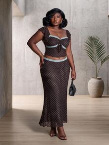 CurvyTilda 大尺碼女款優雅度假風對比蕾絲兩件套，夏季性感度假風義式荷葉袖棕色波點印花上衣與裙子，度假穿搭，優雅派對休閒假日穿搭，Y2K綁帶兩件套，迷人時尚，春/夏 - 彩色 - 查看 4
