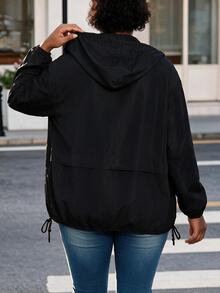 CurvyTilda 大码女式春秋季纯色长袖抽绳连帽休闲黑色夹克 - 黑色 - 查看 2