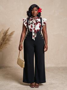 CurvyTilda Plus Size Women's Romantic French Rose Print Cap Sleeve Shirt With Pocket, And Wide Leg Suspender Pants Set, Elegant Two Pieces Outfit - Multicolor - View 3