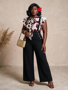 CurvyTilda Plus Size Women's Romantic French Rose Print Cap Sleeve Shirt With Pocket, And Wide Leg Suspender Pants Set, Elegant Two Pieces Outfit - Multicolor - View 4