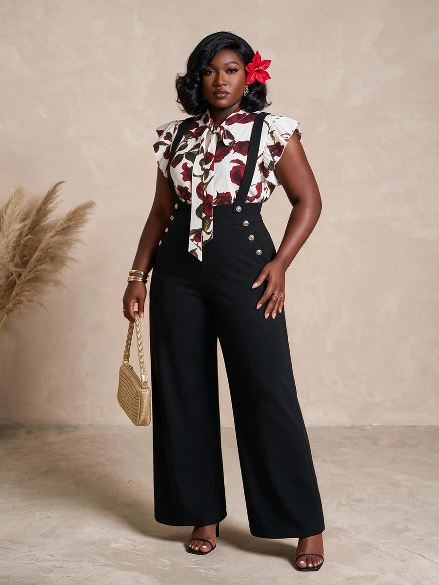 CurvyTilda Plus Size Women's Romantic French Rose Print Cap Sleeve Shirt With Pocket, And Wide Leg Suspender Pants Set, Elegant Two Pieces Outfit - Multicolor - View 1