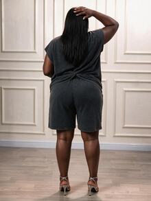 CurvyTilda 大码纯色立领短袖休闲上衣和短裤 2 件套 - 黑色 - 查看 2