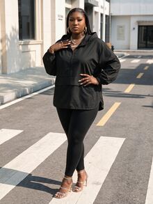 CurvyTilda Plus Half Zip Drop Shoulder Hooded Jacket Winter Fall Autumn - Black - View 1