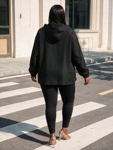 CurvyTilda Plus Half Zip Drop Shoulder Hooded Jacket Winter Fall Autumn - Black - View 2