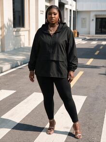 CurvyTilda Plus Half Zip Drop Shoulder Hooded Jacket Winter Fall Autumn - Black - View 4
