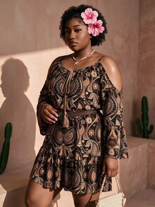 CurvyTilda Plus Size Casual Elegant 1950s Vintage Vacation All-Over Print Off-Shoulder Flare Sleeve Dress Boho Paisley Cold Shoulder Autumn Formal Black - Khaki - View 5