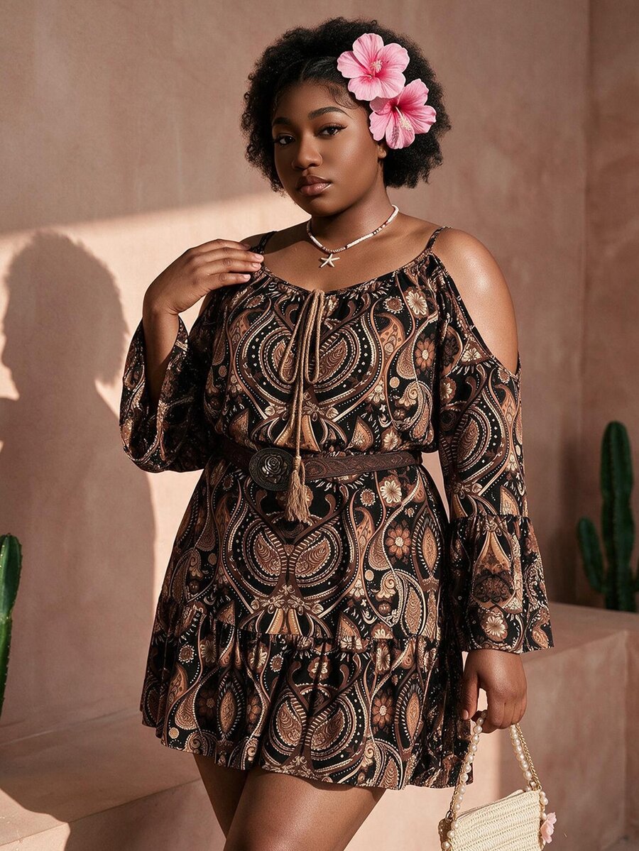 CurvyTilda Plus Size Casual Elegant 1950s Vintage Vacation All-Over Print Off-Shoulder Flare Sleeve Dress Boho Paisley Cold Shoulder Autumn Formal Black