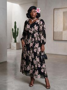 CurvyTilda Romantic Floral Print Chiffon Long Sleeve A-Line Midi Dress, Regular Fit, Plus Size, Spring/Summer Fall Cloth For Women - Multicolor - View 1