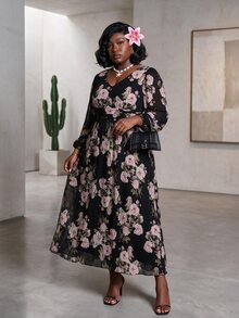 CurvyTilda Romantic Floral Print Chiffon Long Sleeve A-Line Midi Dress, Regular Fit, Plus Size, Spring/Summer Fall Cloth For Women - Multicolor - View 4