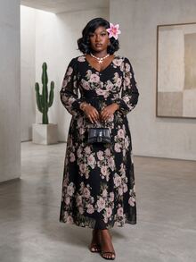 CurvyTilda Romantic Floral Print Chiffon Long Sleeve A-Line Midi Dress, Regular Fit, Plus Size, Spring/Summer Fall Cloth For Women - Multicolor - View 3